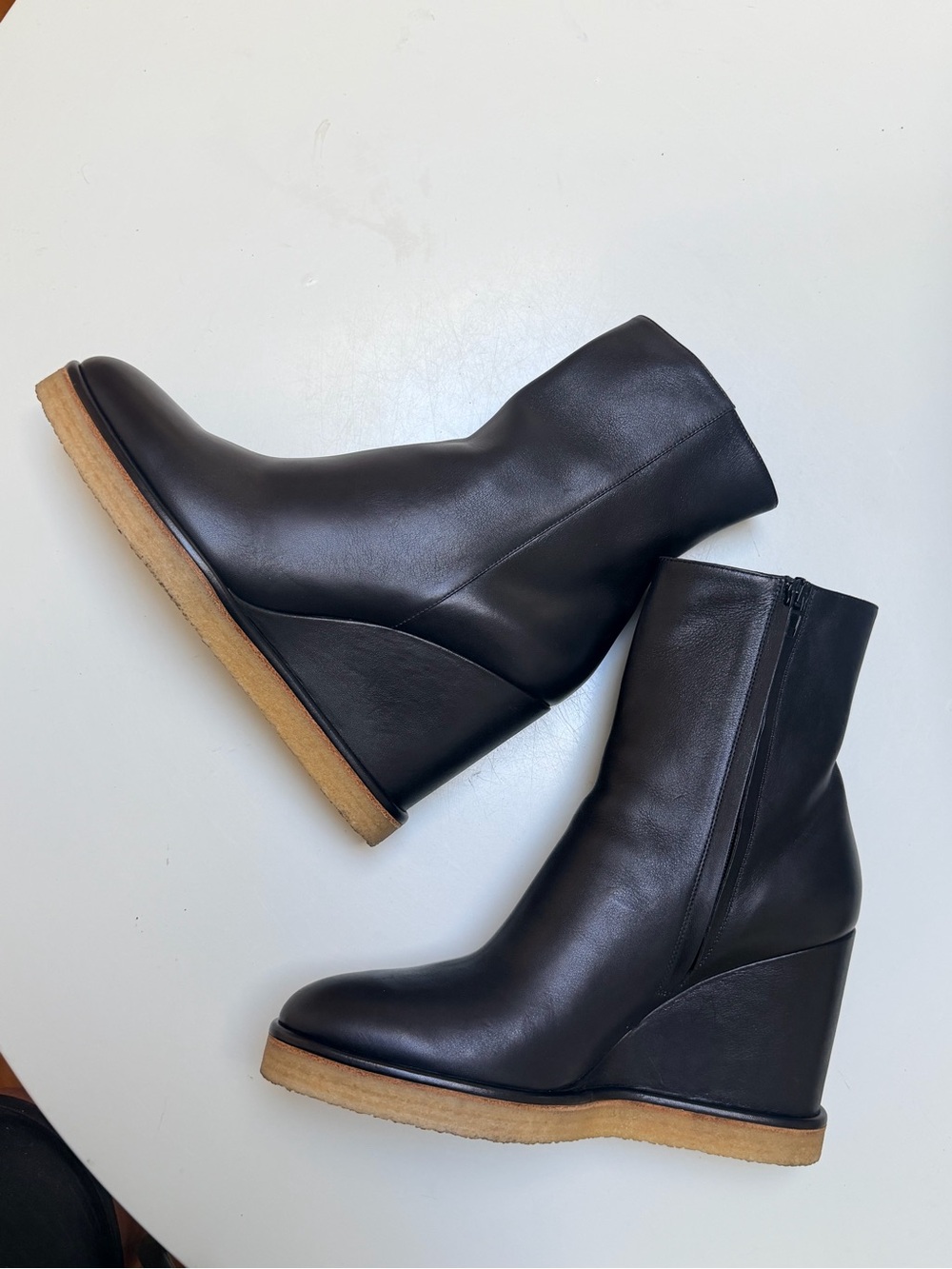CELINE Black Leather Wedge Ankle Boots Zip Closure Round Toe EU 42 US 11